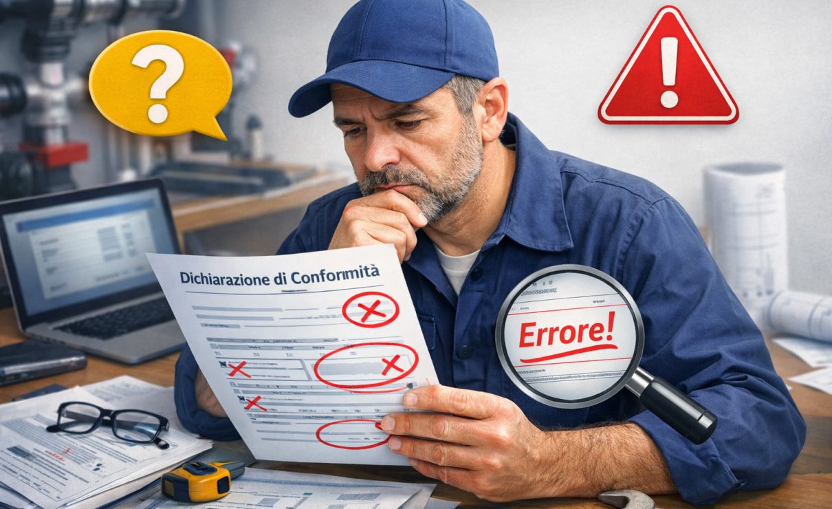 Tecnico verifica una dichiarazione di conformità errata con documenti e computer