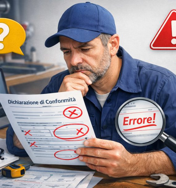 Tecnico verifica una dichiarazione di conformità errata con documenti e computer
