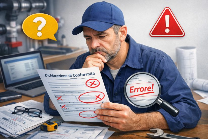 Tecnico verifica una dichiarazione di conformità errata con documenti e computer