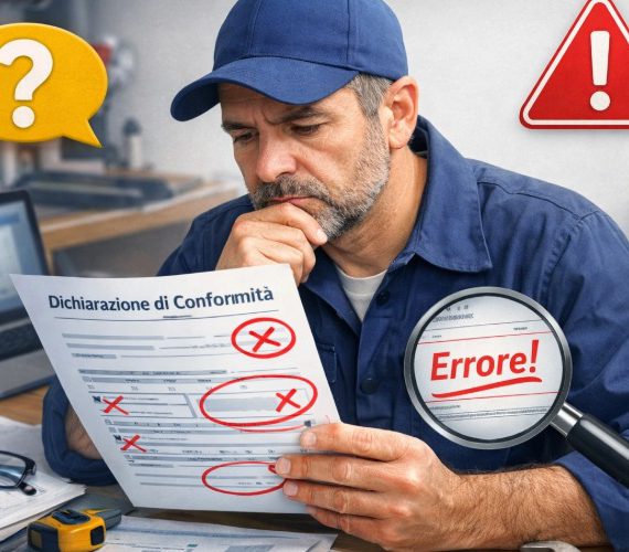 Idraulico pensieroso con dichiarazione conformità errata con annotazioni in rosso