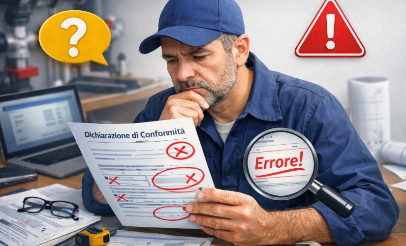 Idraulico pensieroso con dichiarazione conformità errata con annotazioni in rosso
