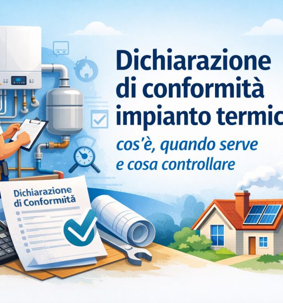 Tecnico che controlla un impianto di riscaldamento con documento di dichiarazione di conformità impianto termico