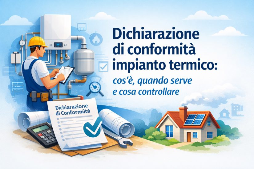 Tecnico che controlla un impianto di riscaldamento con documento di dichiarazione di conformità impianto termico