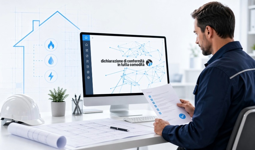 Tecnico al computer mentre compila una dichiarazione di rispondenza con software gestionale e documentazione impiantistica digitale.